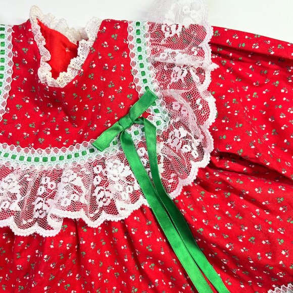Vintage Bryan Size 12M Frilly Red Dress Lace Green Trim - Picture 7 of 11